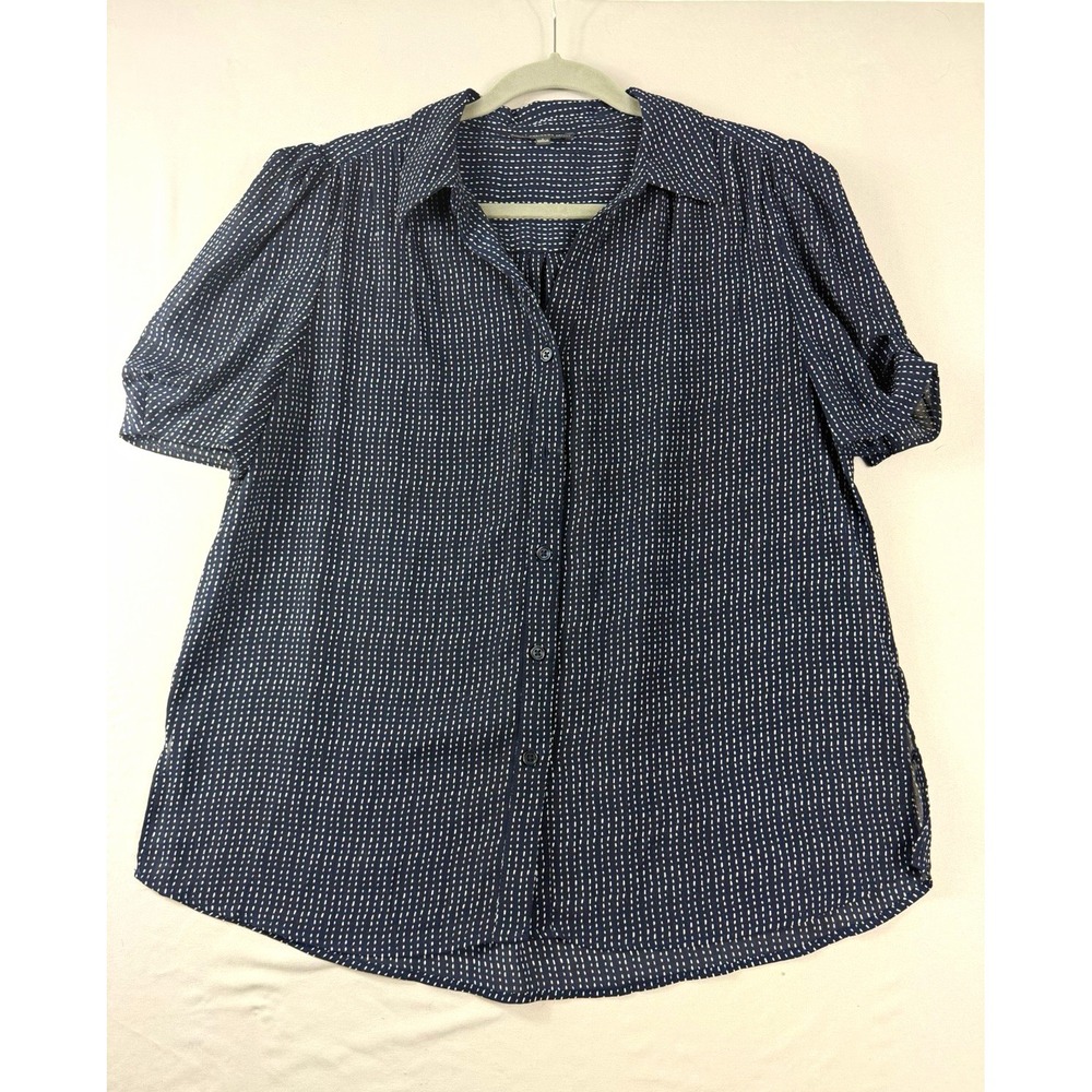 adrianna papell blue/white dotted woven button-up collared puff ss blouse, large